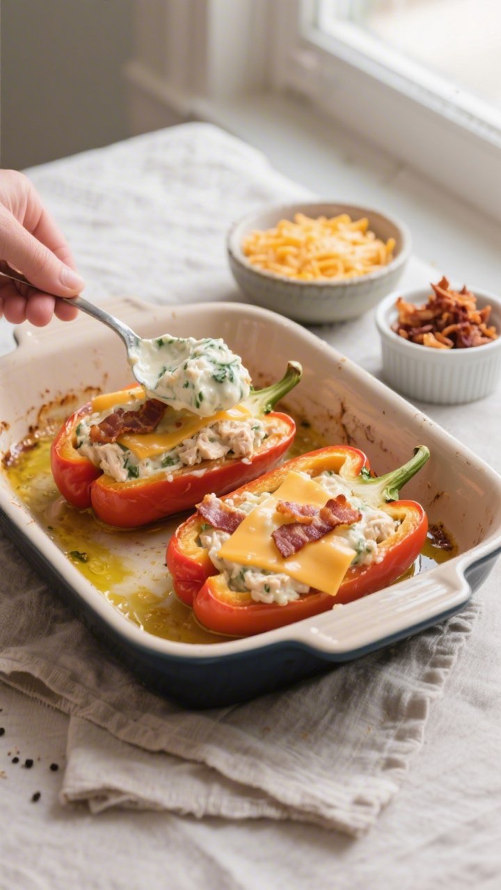 Cooking process: Overhead shot of pre-baked bell pepper halves being stuffed on a casserole dish, a 