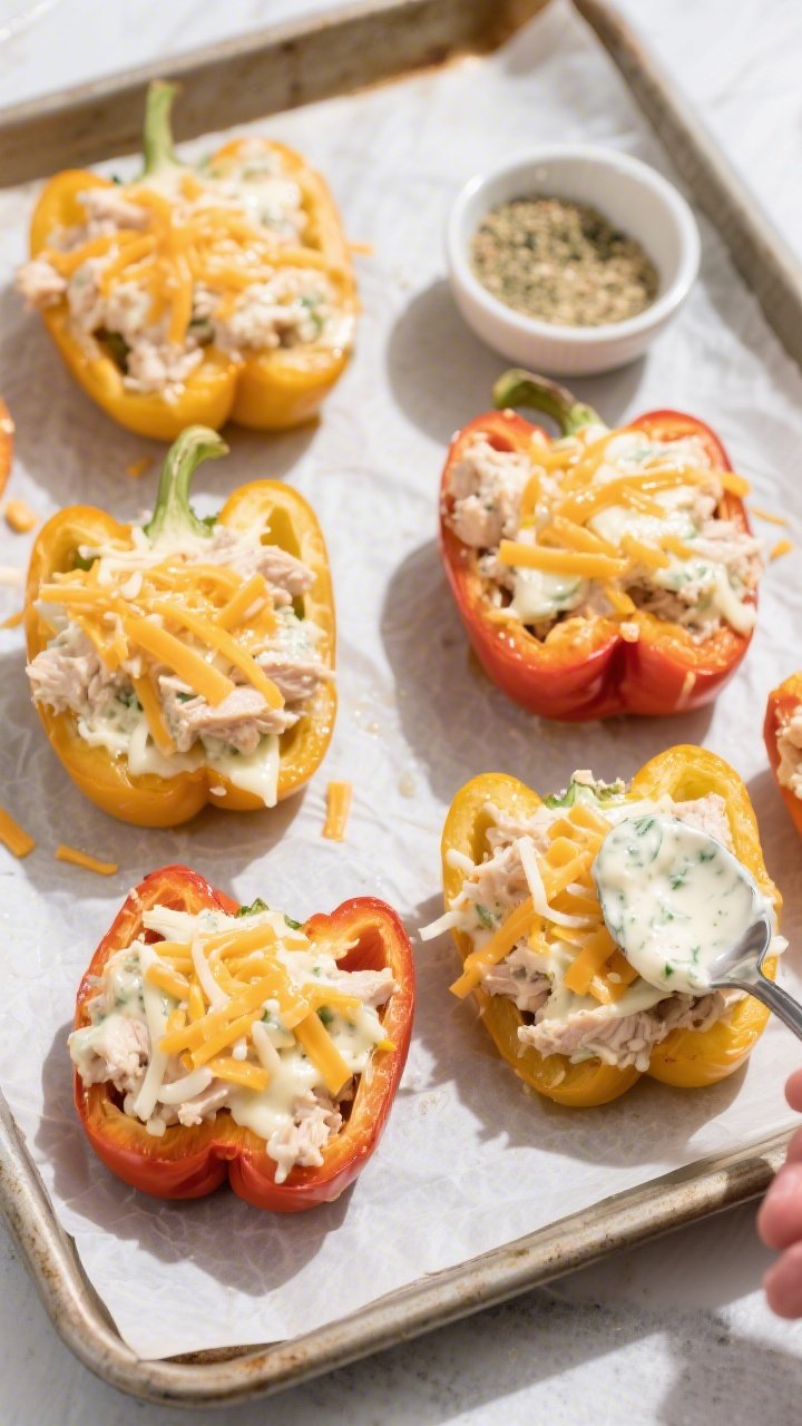 Cooking process: Overhead shot of pre-baked bell pepper halves on a parchment-lined sheet pan being 
