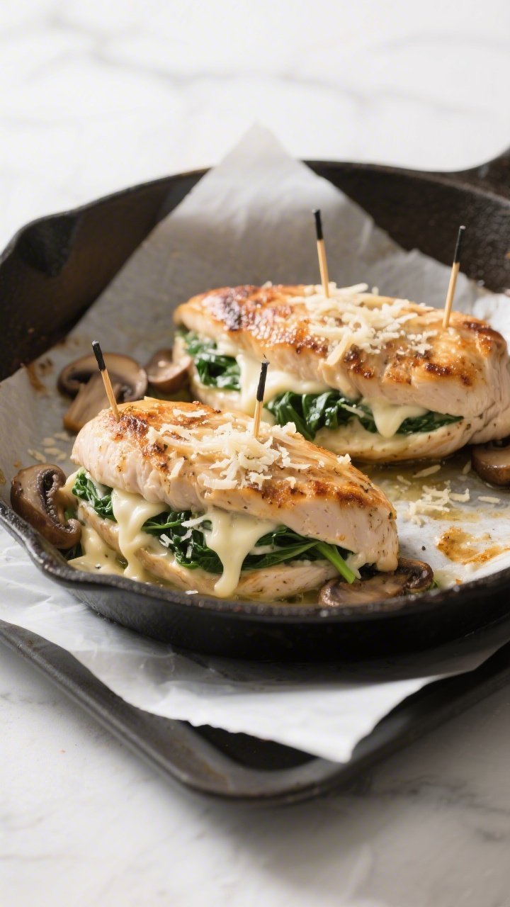 Cooking process: Overhead shot of seared stuffed chicken breasts in an oven-safe skillet mid-bake, s