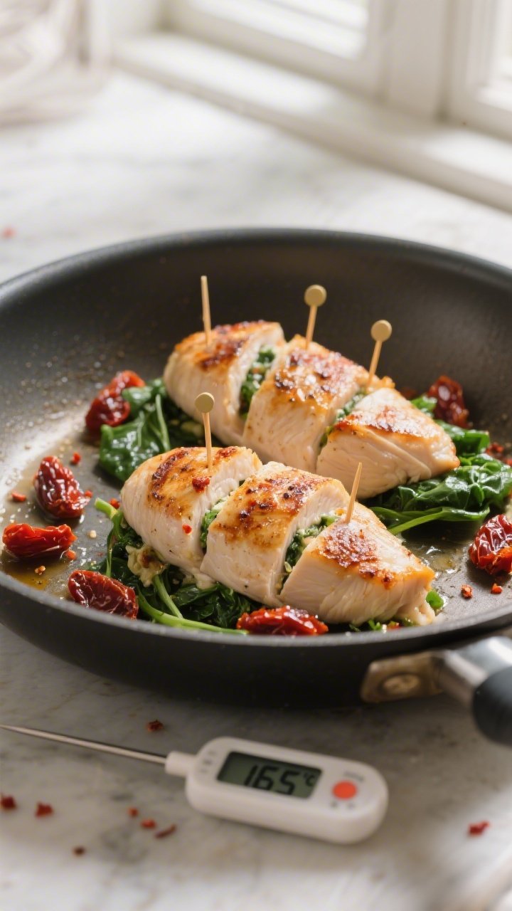 Cooking process: Overhead shot of stuffed chicken breasts just after searing and before baking, nest