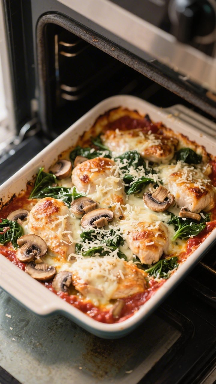 Cooking process: Overhead shot of the assembled bake mid-cook, cheese beginning to melt and sauce ge