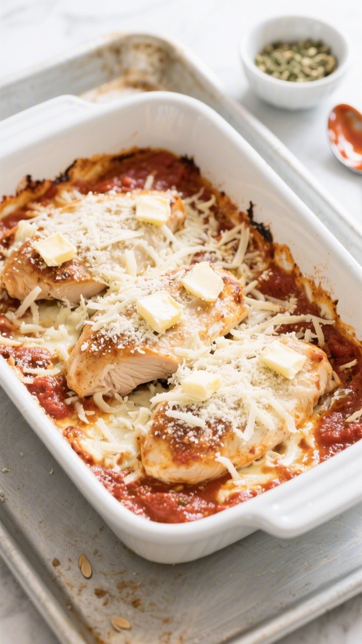 Cooking process: Overhead shot of the assembled bake right before going under the broiler—chicken 