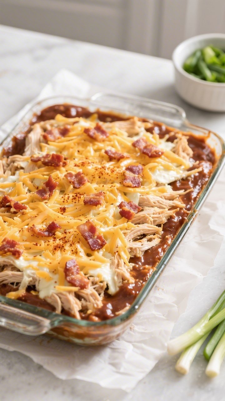 Cooking process: Overhead shot of the assembled casserole right before baking, the creamy BBQ sauce-