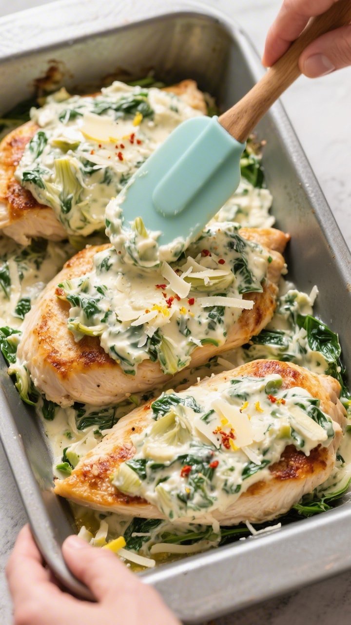 Cooking process: Overhead shot of the assembly stage—seared, lightly golden chicken breasts nestle