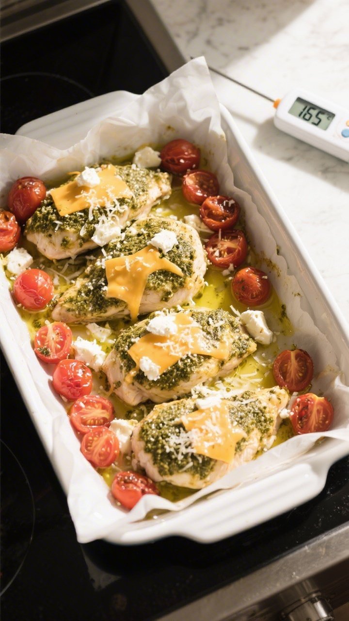Cooking process: Overhead shot of the baking dish mid-recipe right after cheese has been added and r