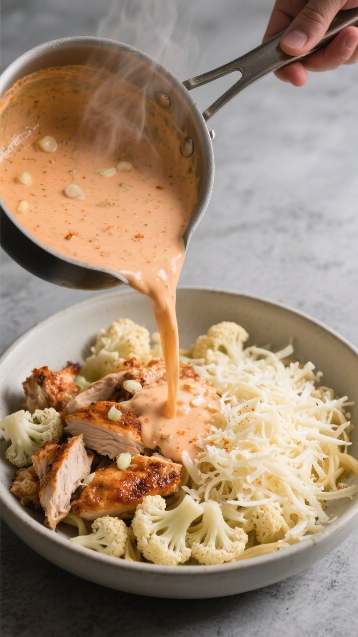 Cooking process: Overhead shot of the creamy buffalo-Alfredo sauce being poured from a saucepan over