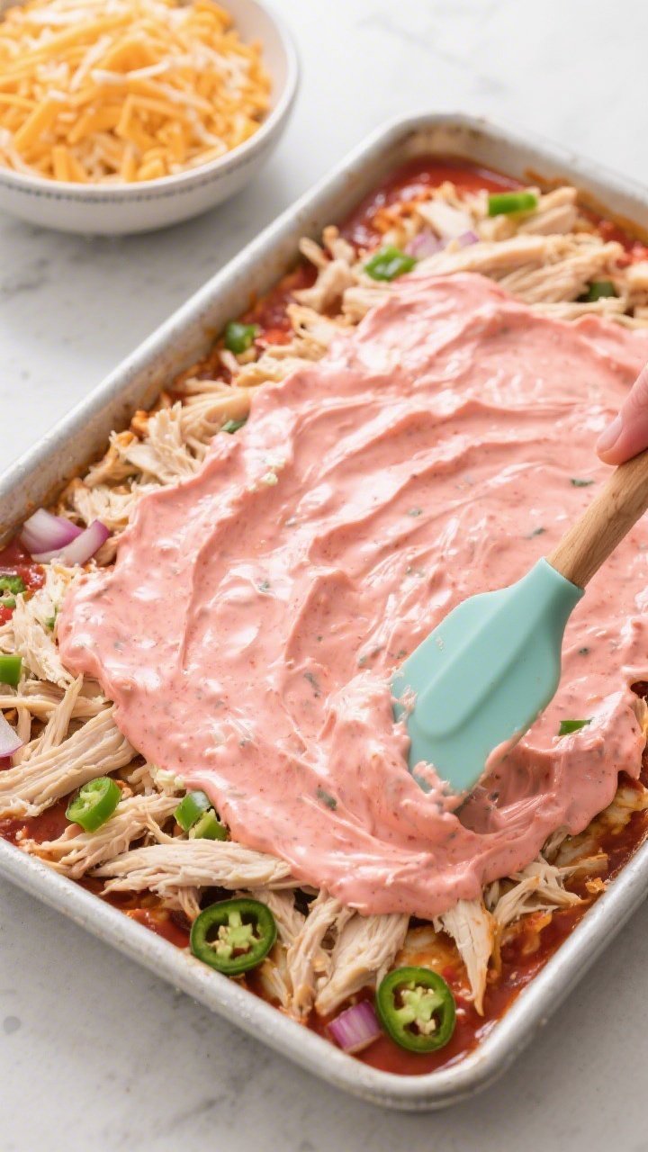 Cooking process: Overhead shot of the creamy chicken mixture being spread evenly in a greased 9x13 b
