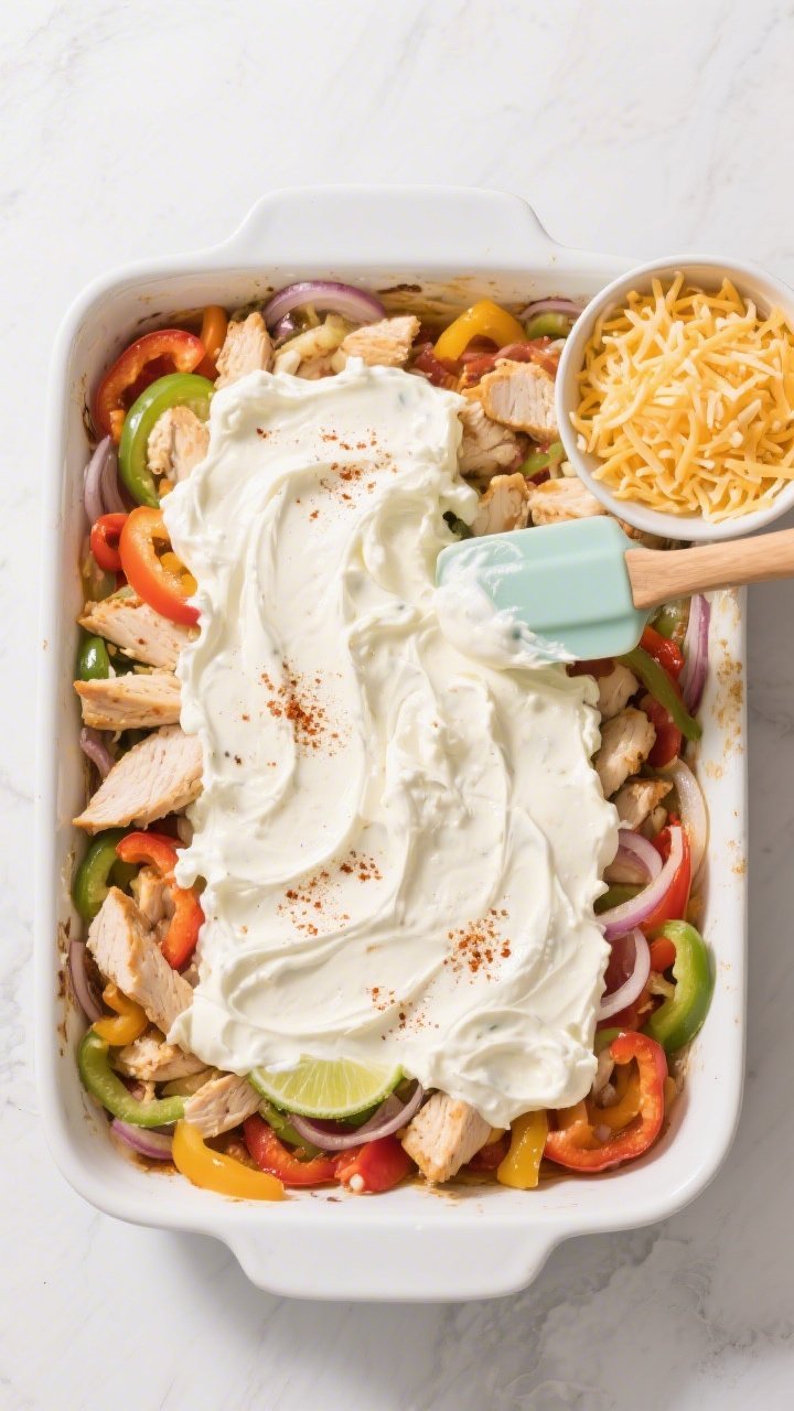 Cooking process: Overhead shot of the creamy fajita mixture being spread evenly in a 9x13 baking dis