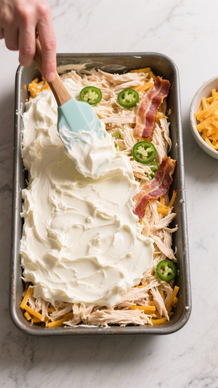 Cooking process: Overhead shot of the creamy mixture being spread into a greased 9x13 baking dish—