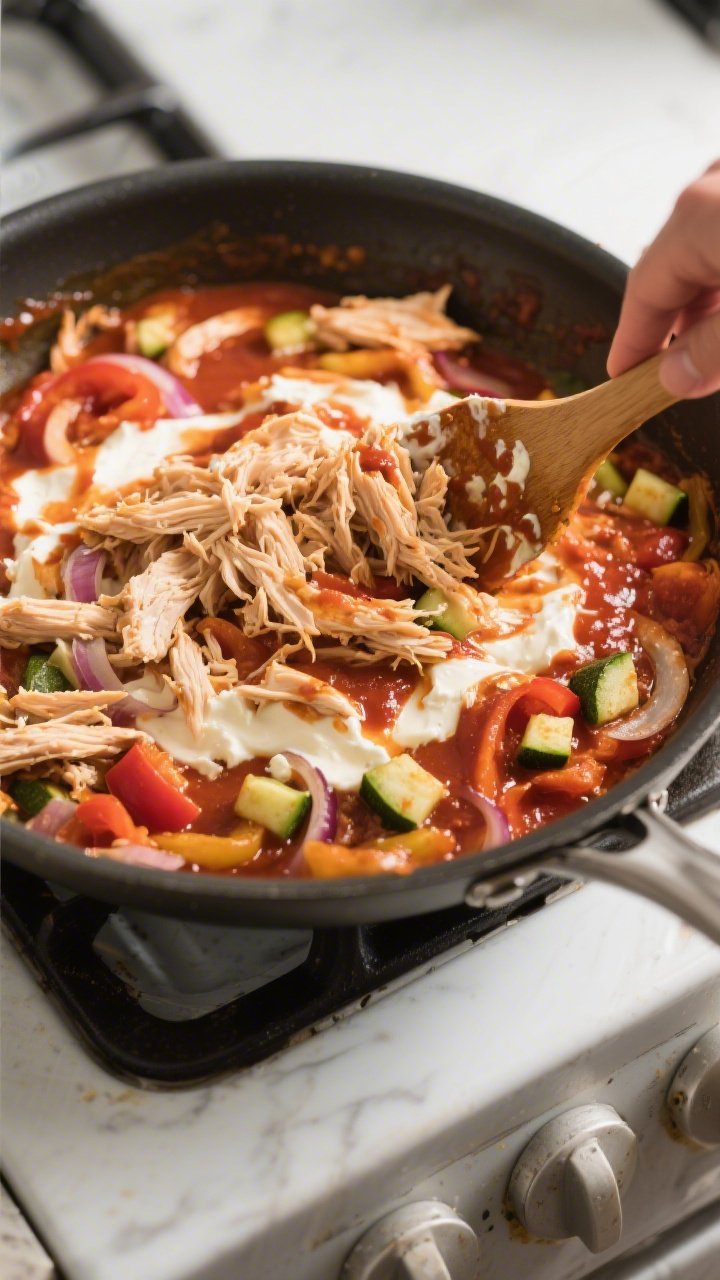 Cooking process: Overhead shot of the creamy, saucy chicken-and-veggie mixture in a skillet mid-asse
