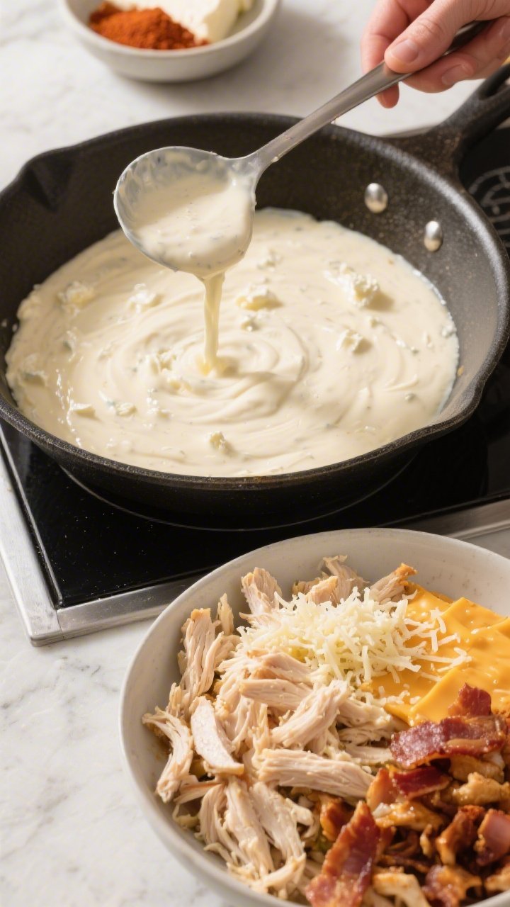 Cooking process: Overhead shot of the creamy sauce being whisked in a skillet—silky blend of cream