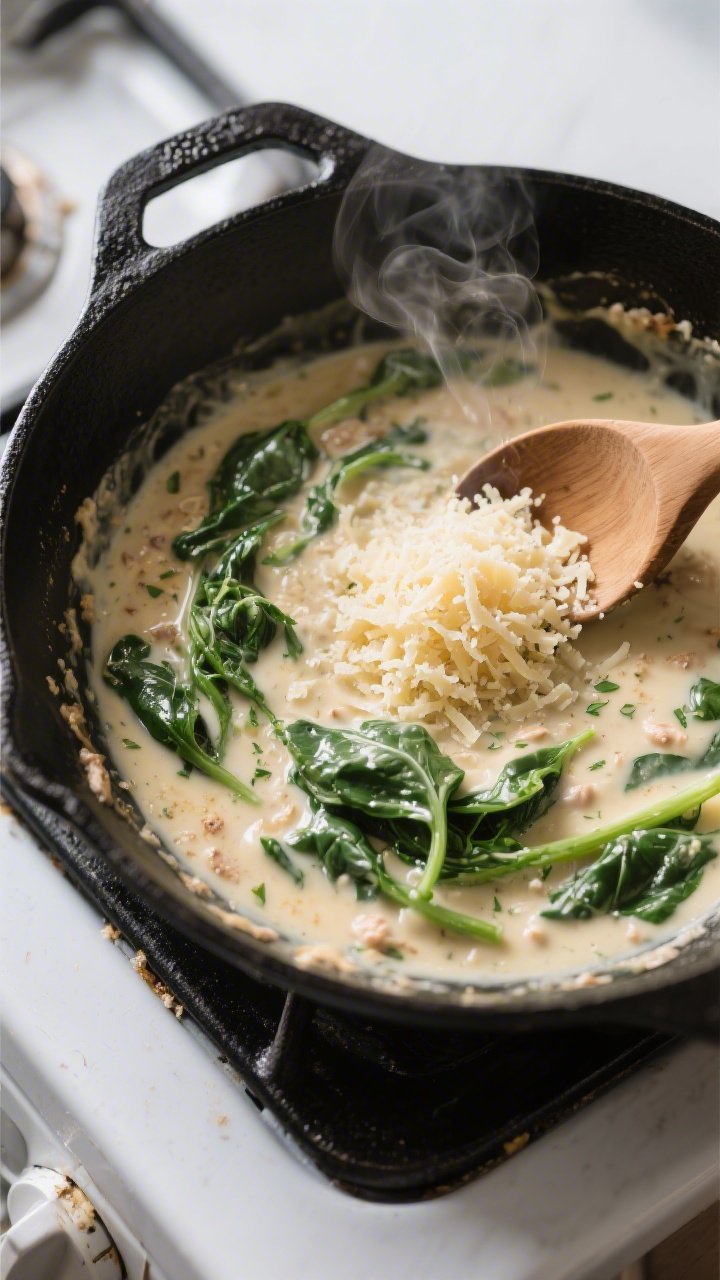 Cooking process: Overhead shot of the deglazing and creamy finish stage in a black cast-iron skillet