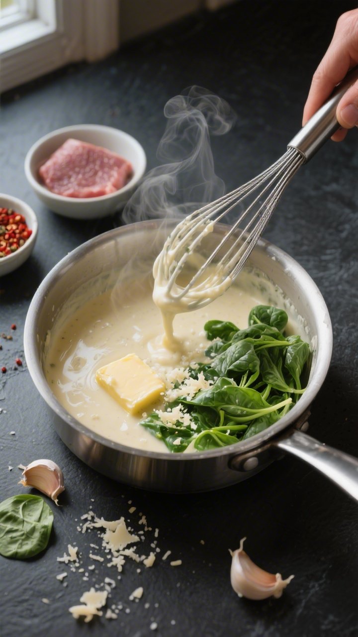 Cooking process: Overhead shot of the garlic-Parmesan cream sauce being whisked in a small stainless