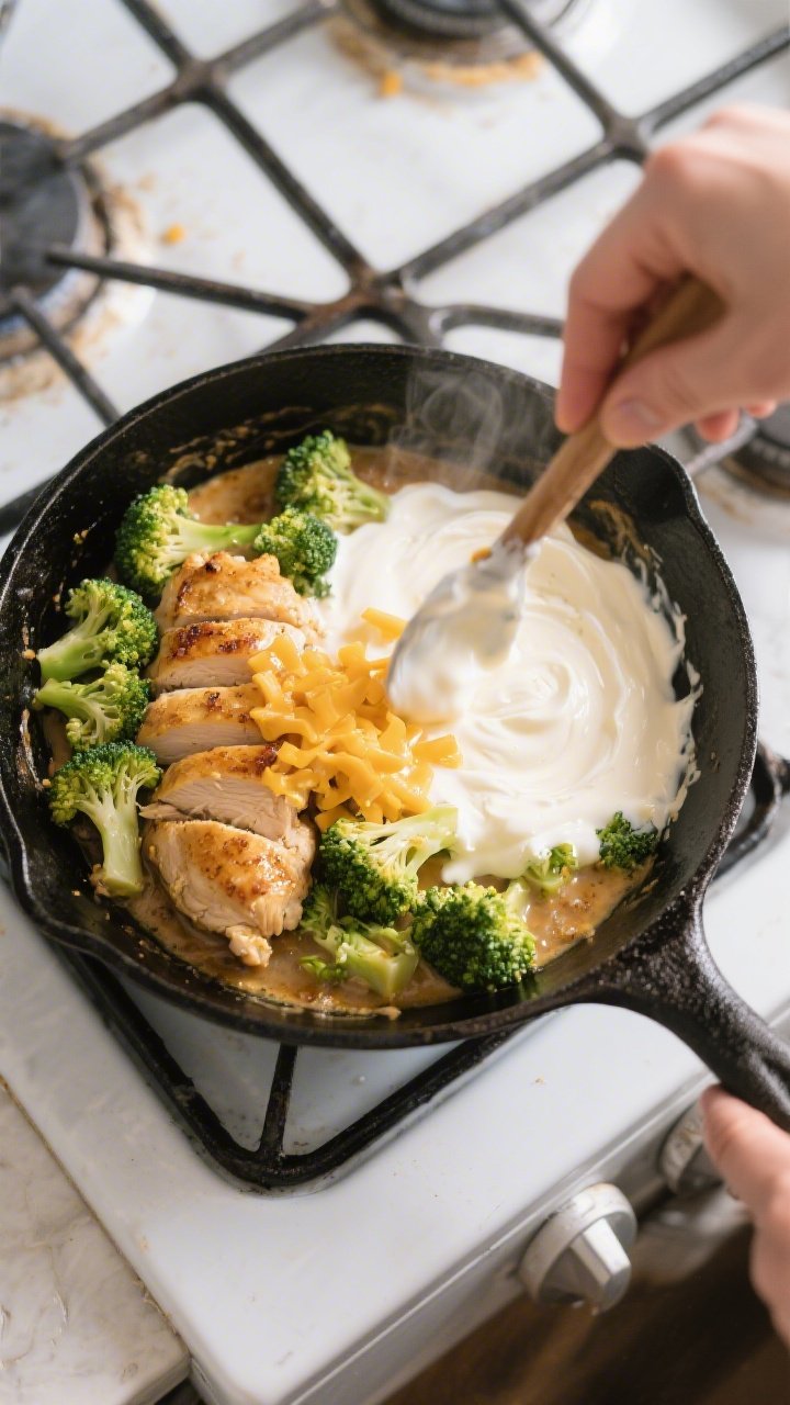 Cooking process: Overhead shot of the Keto Chicken Cheesy Broccoli Skillet mid-cook in a black cast-