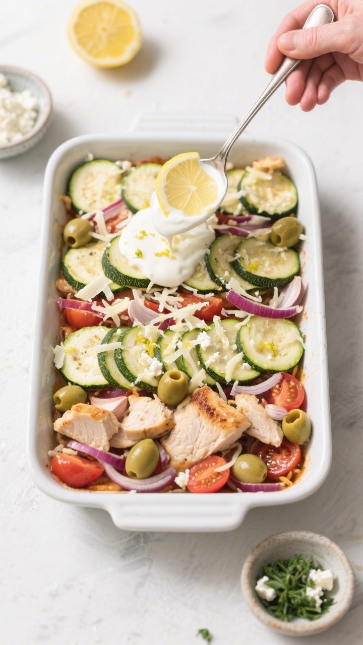 Cooking process: Overhead shot of the layered casserole mid-assembly in a 9x13 baking dish—second 