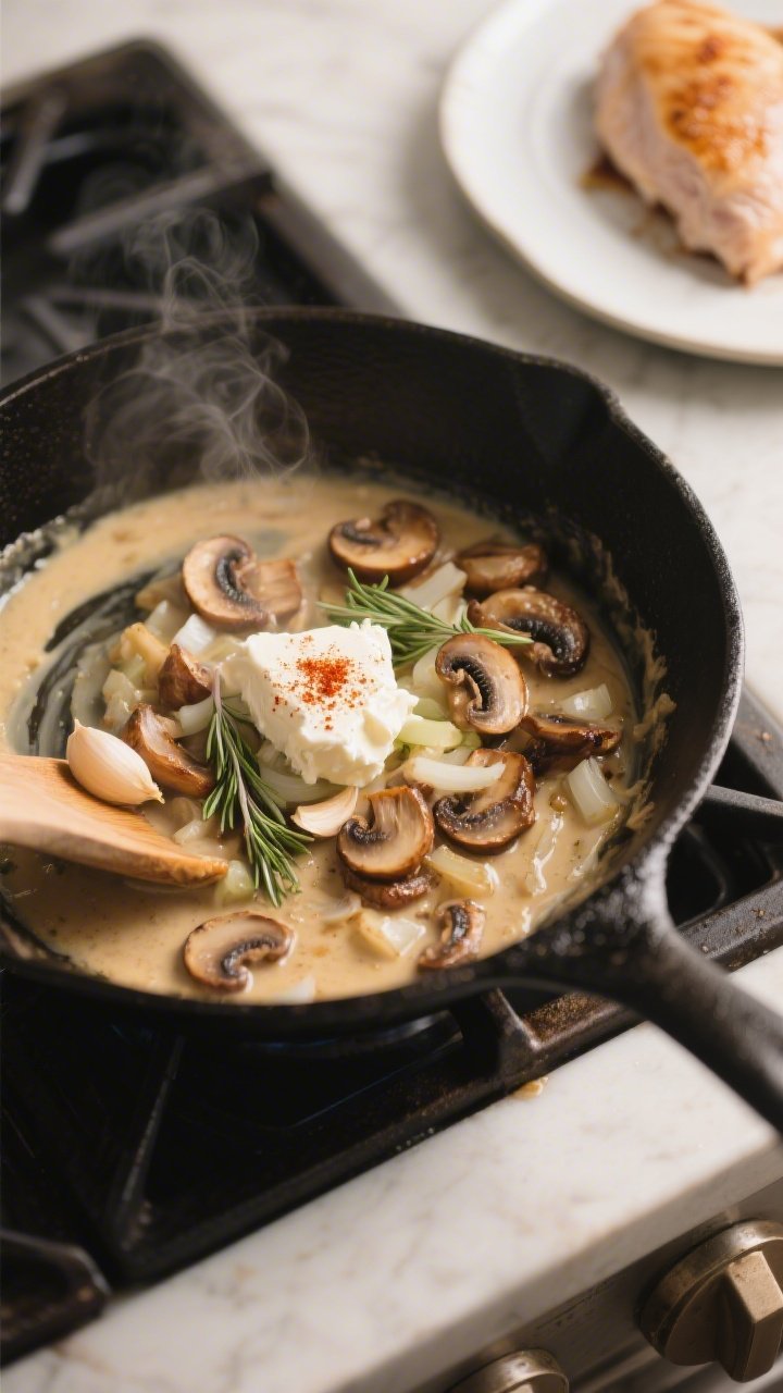 Cooking process: Overhead shot of the sauce-building stage in a cast-iron skillet—mushrooms and fi