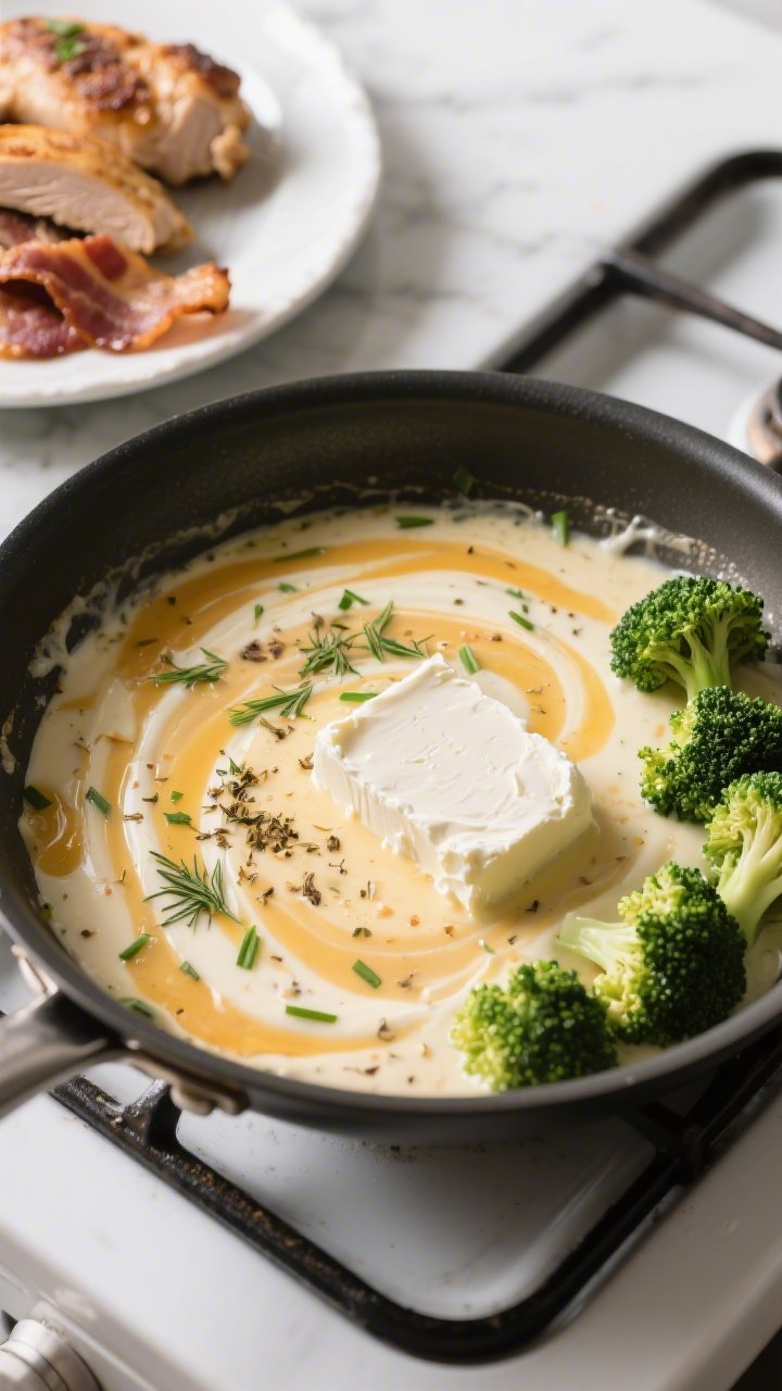 Cooking process: Overhead shot of the skillet during the “build the sauce” stage—cream cheese 
