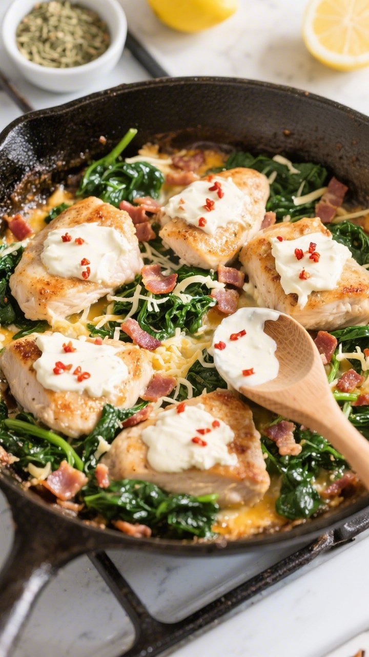 Cooking process: Overhead shot of the skillet just before baking—seared chicken pieces spooned wit