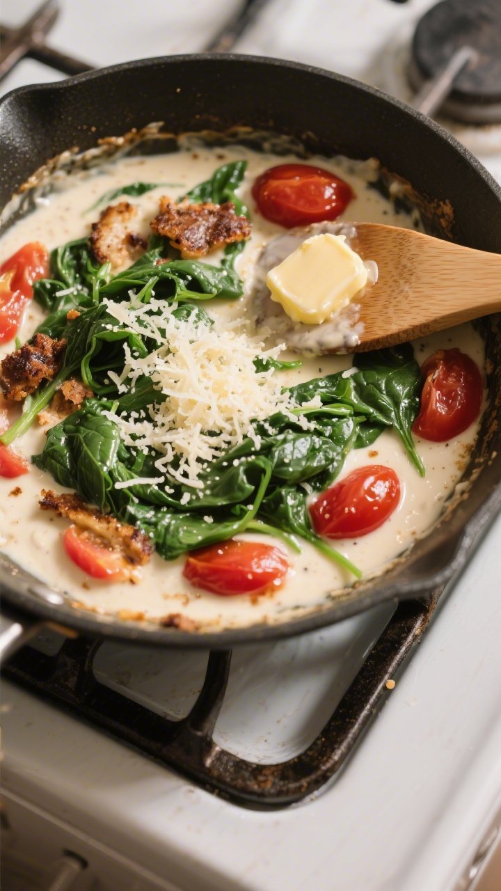 Cooking process: Overhead shot of the skillet right after adding Parmesan and spinach—cream sauce 