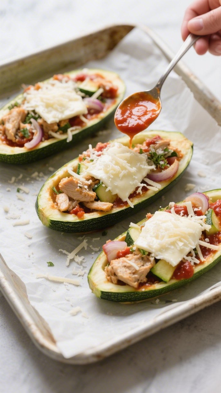 Cooking process: Overhead shot of zucchini boats in a parchment-lined baking dish right after being 