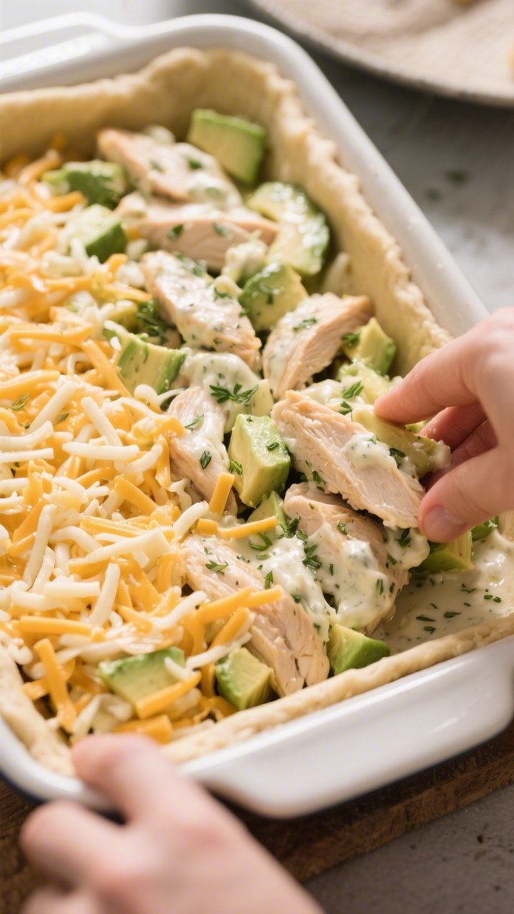Cooking process (prepared, not raw): The par-baked, ranch-tossed chicken and avocado mixture being g
