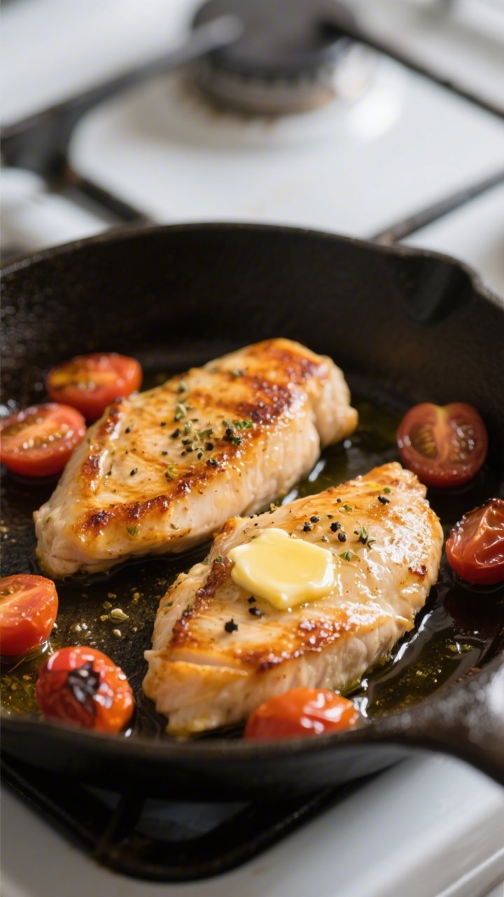 Cooking process — Searing stage: Close-up of golden-seared boneless chicken breasts in an oven-saf