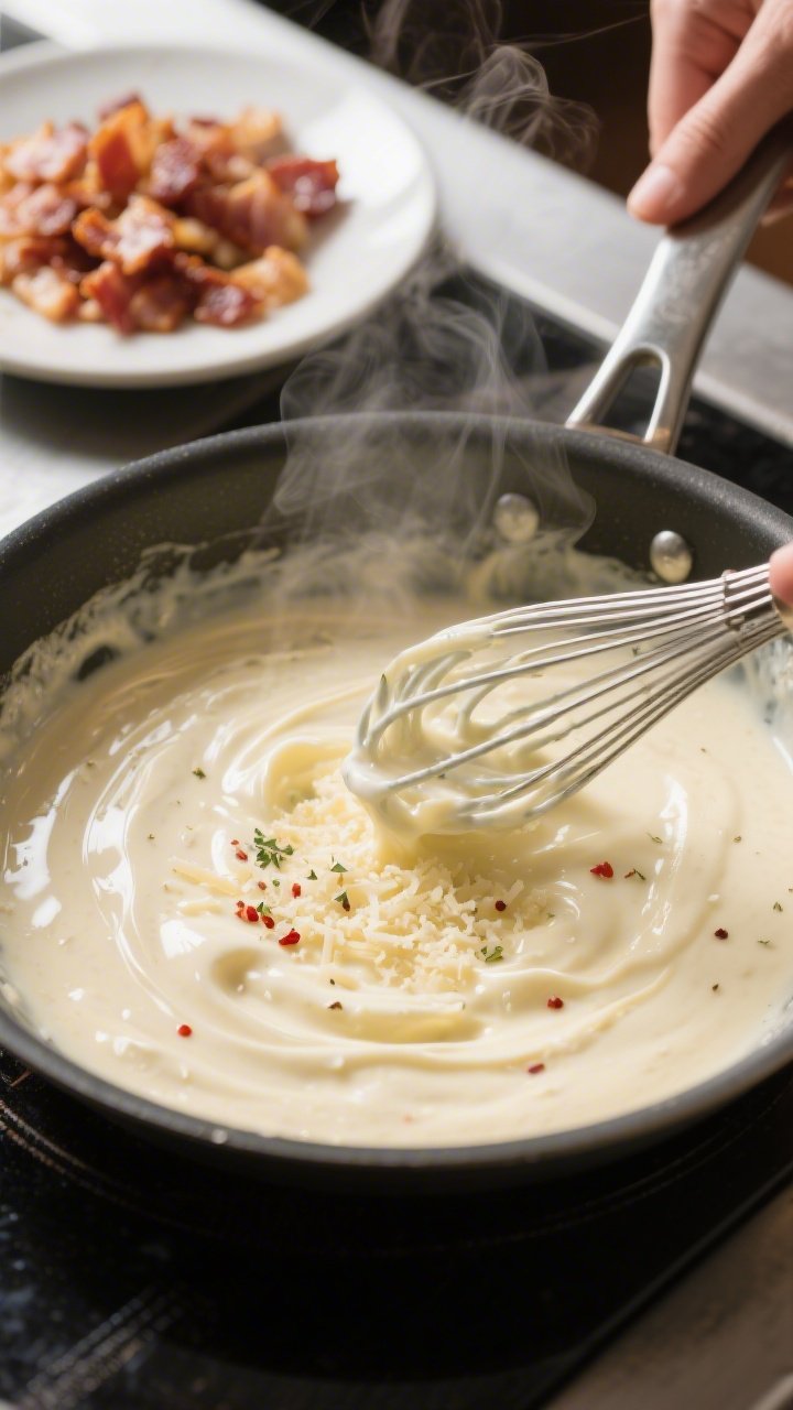 Cooking process shot: Alfredo sauce being whisked to silky smoothness off-heat in a stainless skille