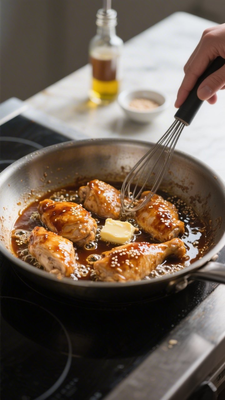 Cooking process shot: Chicken simmering in one pan as the sauce reduces to a syrupy, lacquered finis