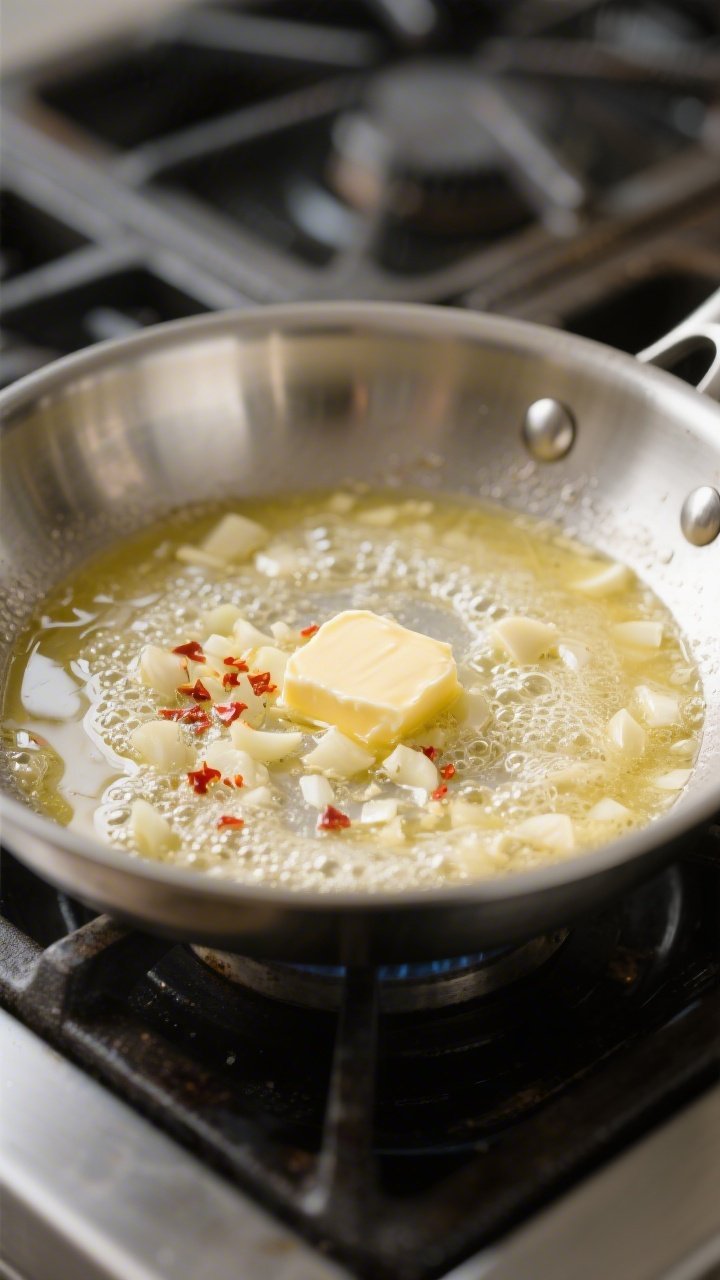 Cooking process shot from a 45-degree angle: sauté phase showing minced garlic gently foaming in bu