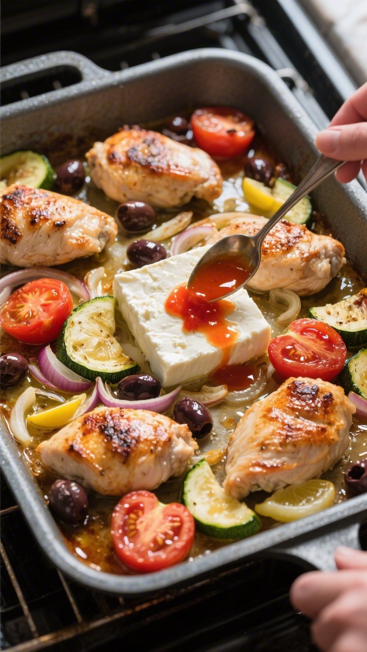 Cooking process shot (mid-bake): Overhead view of a 9x13-inch oven-safe skillet just pulled out afte