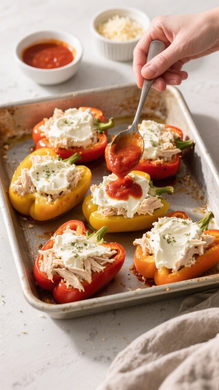 Cooking process shot: Overhead view of stuffed peppers mid-assembly in a 9x13 pan—pepper halves al