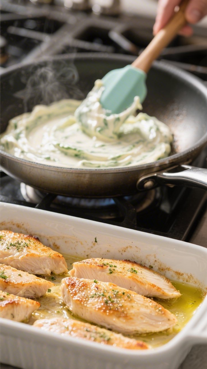 Cooking process shot: Searing stage in a stainless skillet—thin chicken cutlets golden at the edge