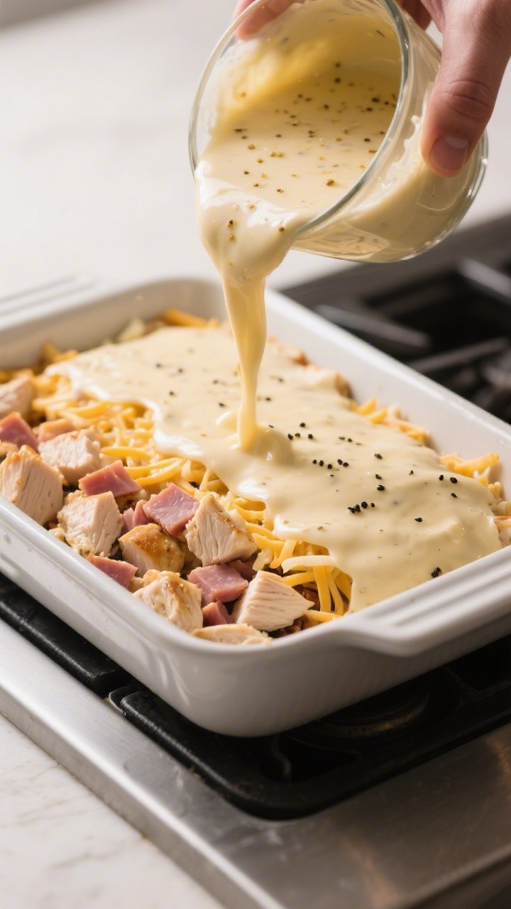 Cooking process: Silky cheese sauce being poured over a layered bed of cooked cubed chicken and chop