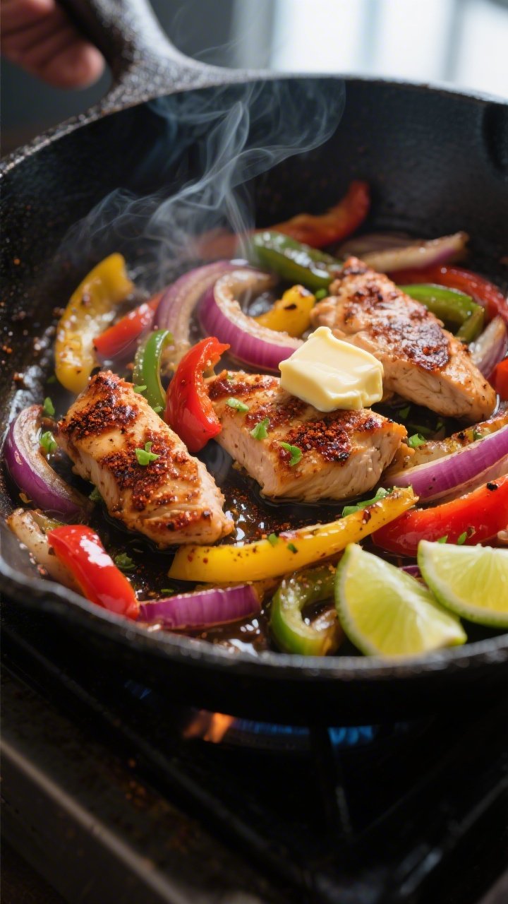 Cooking process, sizzling skillet: Close-up of a cast-iron skillet over medium-high heat with browne