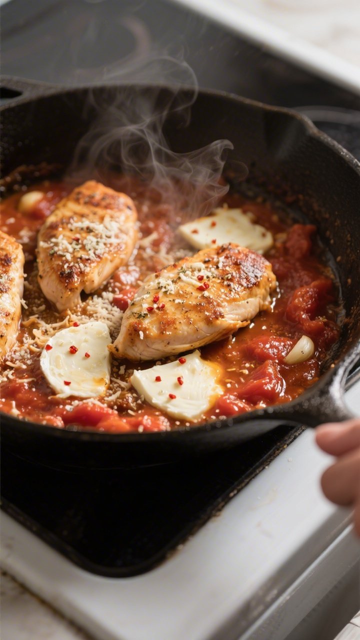 Cooking process, skillet action: Searing chicken cutlets in a large oven-safe skillet nestled back i