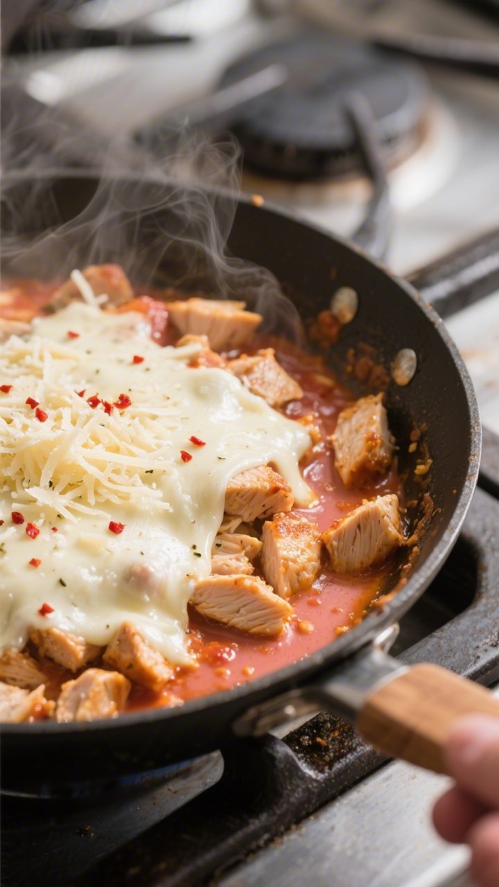 Cooking process, skillet melt: A steaming skillet of diced seared chicken folded into a silky pink-o