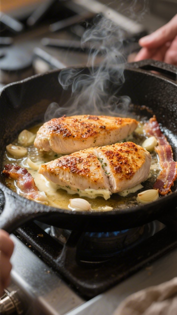 Cooking process, skillet scene: Searing seasoned chicken breasts in a heavy cast-iron skillet with r