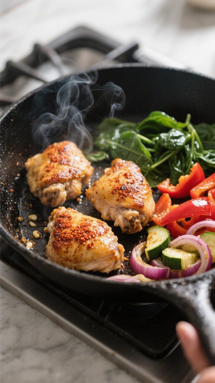Cooking process, skillet sear: Bite-sized chicken thighs searing in a large black skillet, golden-br