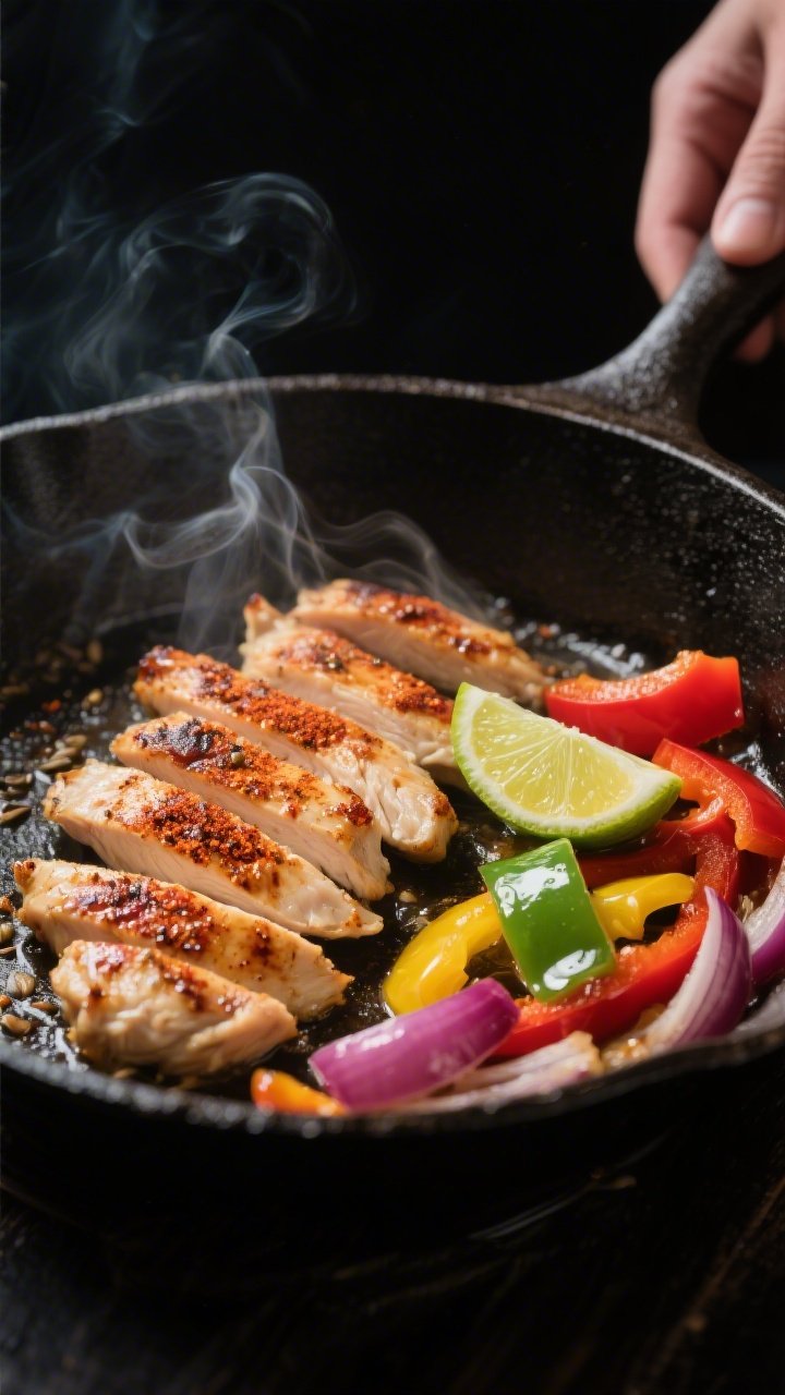 Cooking process — Skillet sear: Sliced chicken strips sizzling in a hot cast-iron skillet, lightly