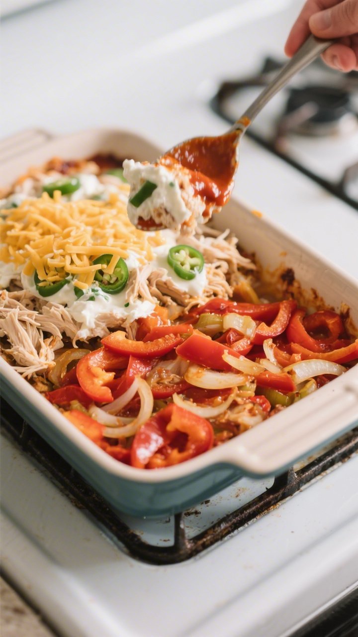 Cooking process: The casserole being layered in a 9x13 baking dish—first half of the sautéed bell