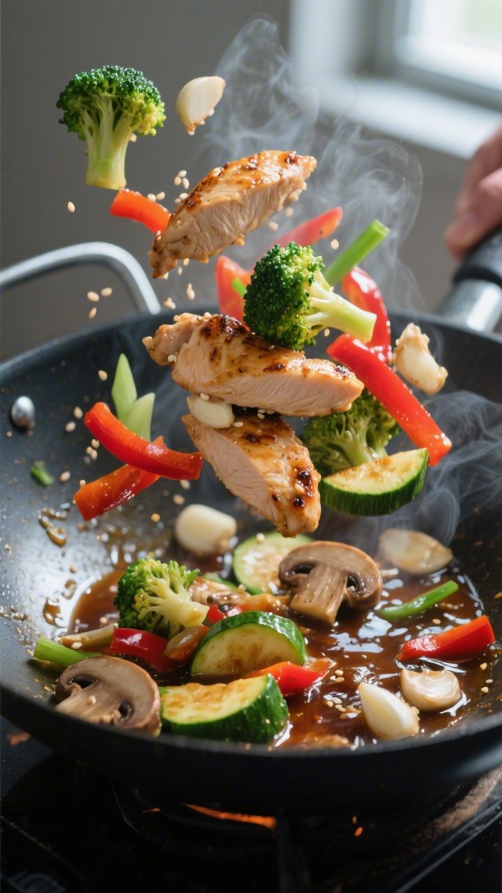 Cooking process, wok sear: Juicy, thin-sliced chicken thigh pieces and crisp-tender broccoli, red be