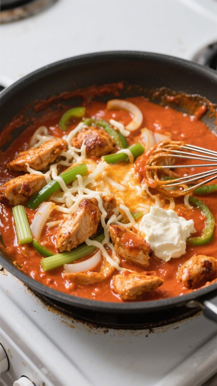 Creamy buffalo base in progress, overhead skillet shot: Overhead view of the saucy, simmering buffal