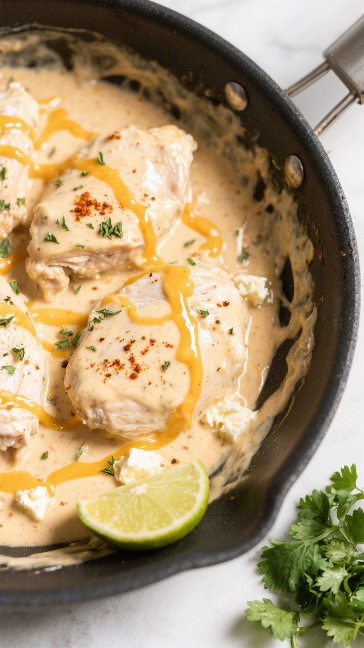 Creamy sauce moment, mid-cook: Overhead shot of the skillet right after deglazing and building the s