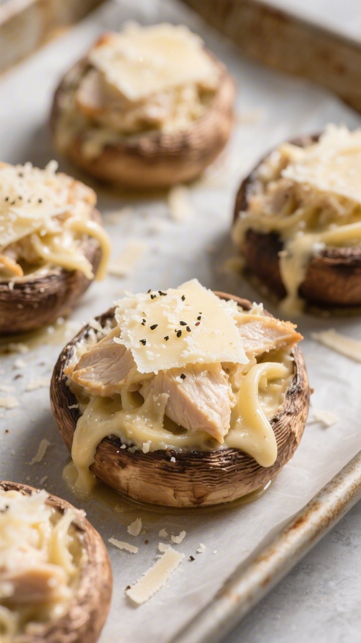Filling and assembly detail: Pre-baked baby bella mushroom caps flipped cavity-side up on a parchmen