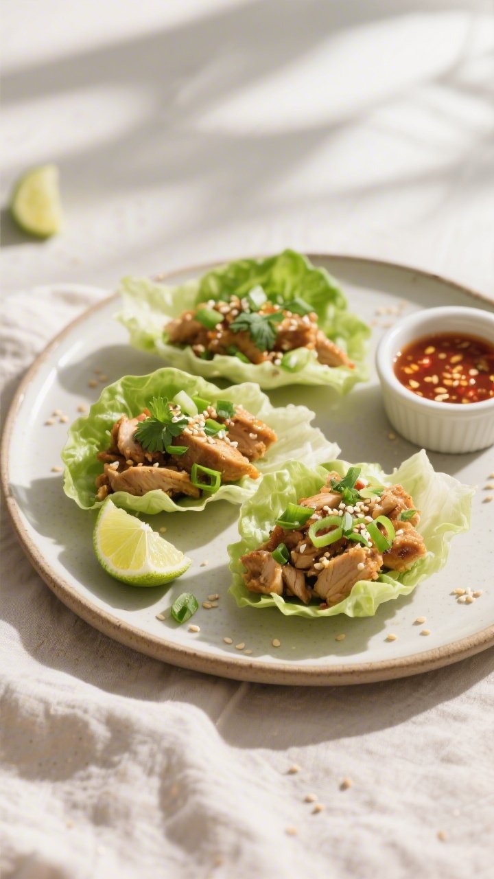 Final dish beauty plate: Keto Chicken Lettuce Wraps assembled in crisp butter lettuce cups on a neut