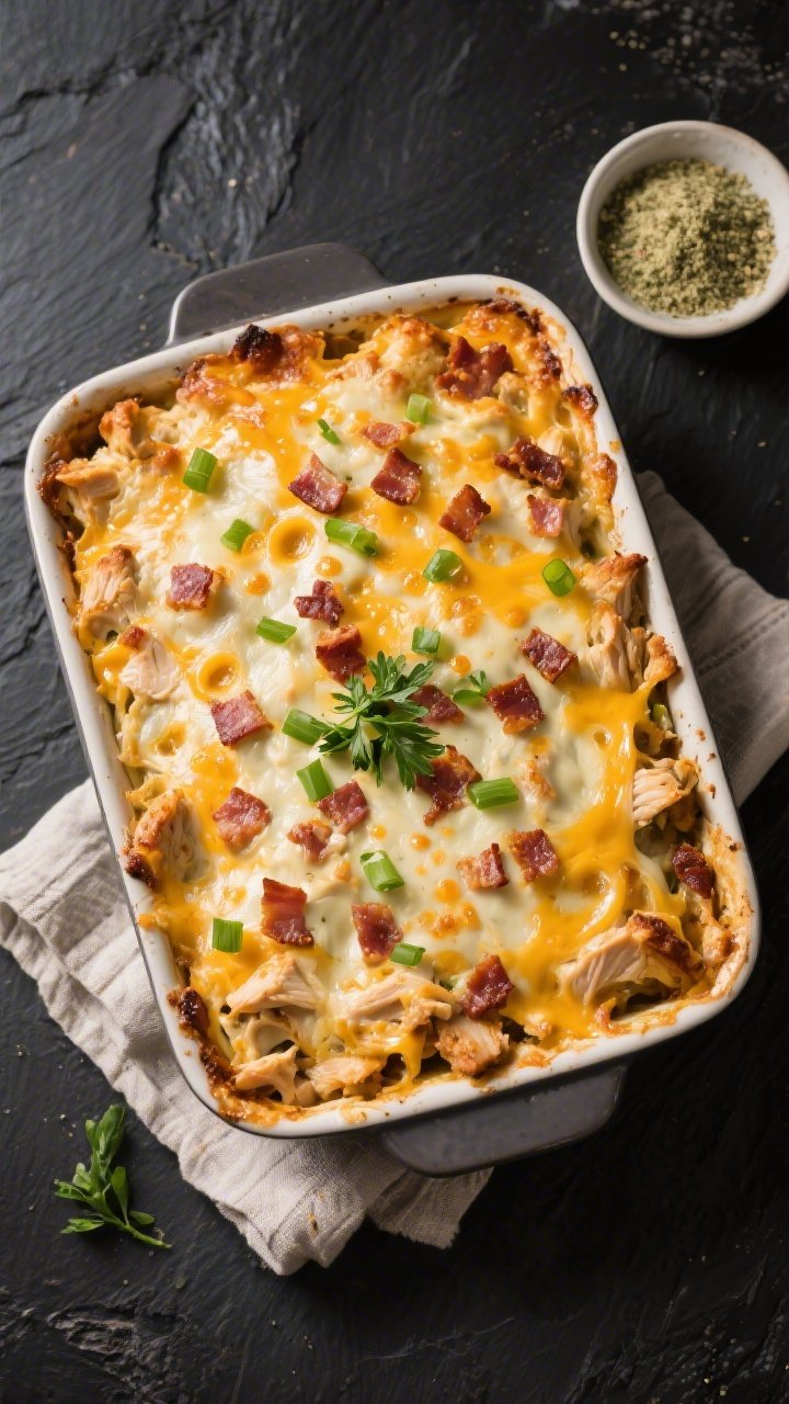 Final dish overhead: Freshly baked Keto Crack Chicken Bake, top-down shot capturing bubbling, lightl