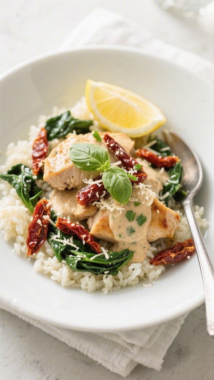 Final dish, overhead plating: Keto Chicken Sun-Dried Tomato Skillet served over fluffy cauliflower r