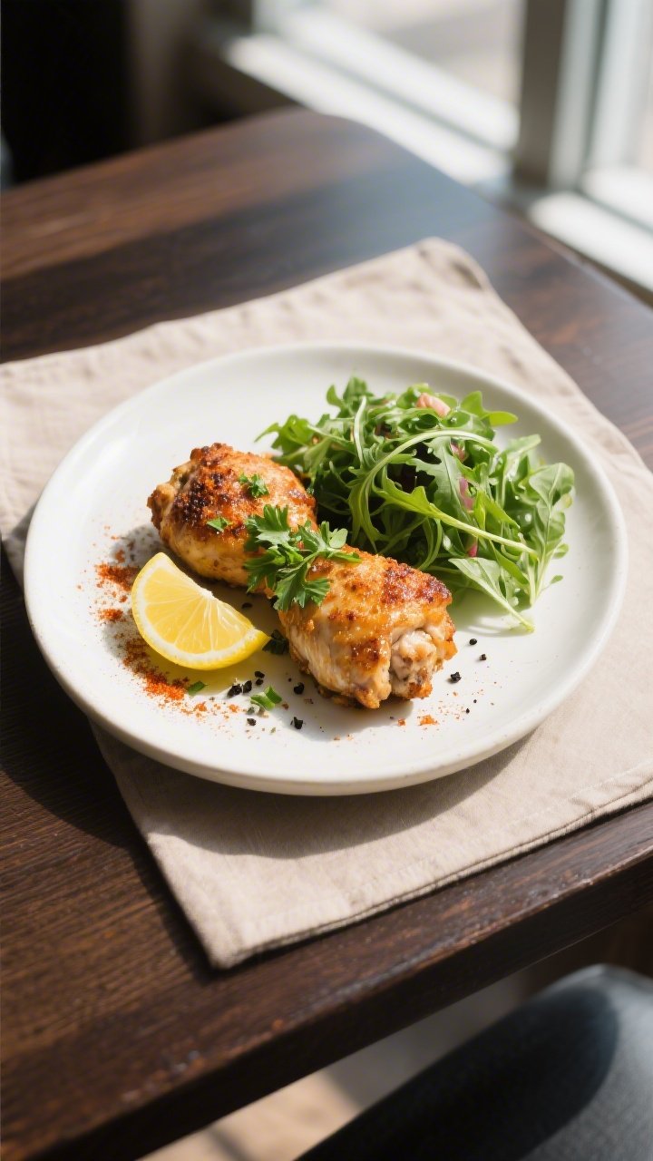 Final dish overhead: Tasty top view of plated crispy keto chicken thighs (2 pieces) on a matte white
