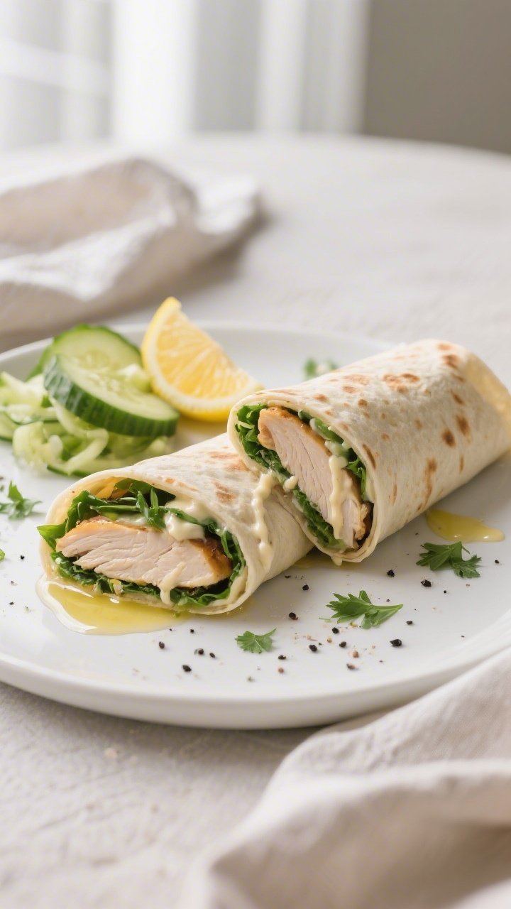 Final dish, plated presentation: Beautifully rolled Keto Garlic Chicken Wraps cut on a bias to revea