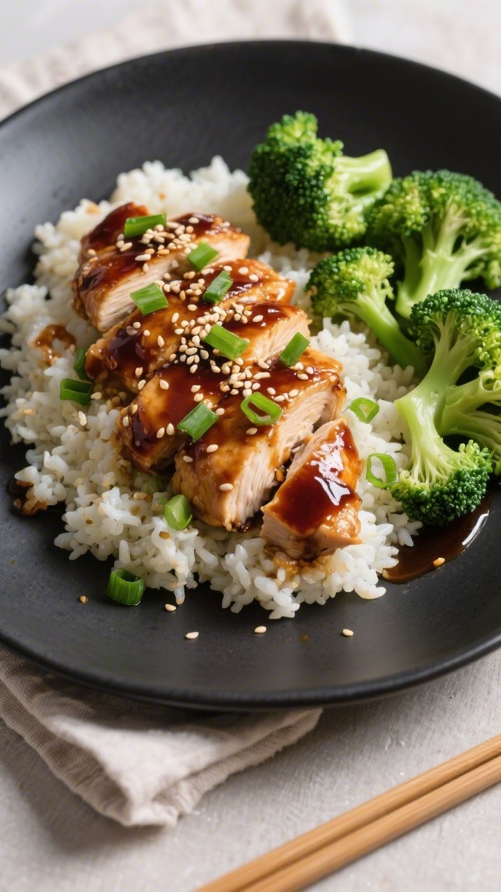 Final dish presentation: Beautifully plated keto chicken teriyaki over fluffy cauliflower rice, pile